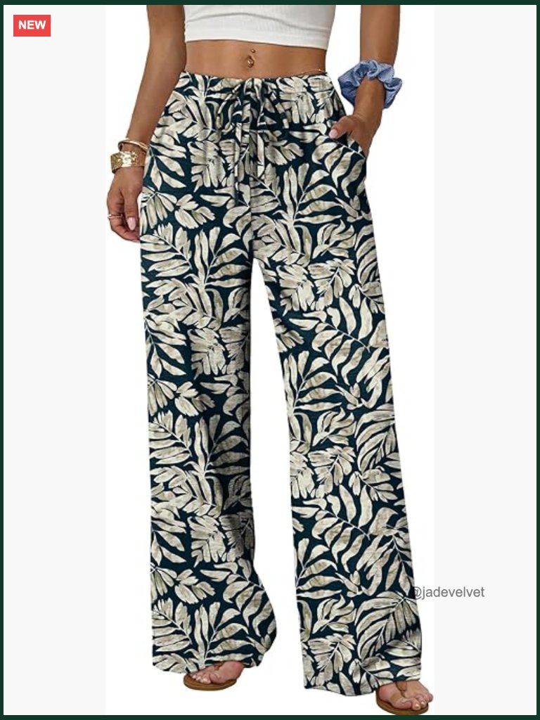 Wide Leg Palazzo Pants With Pockets Drawstring Elastic Waist Trousers Flowy